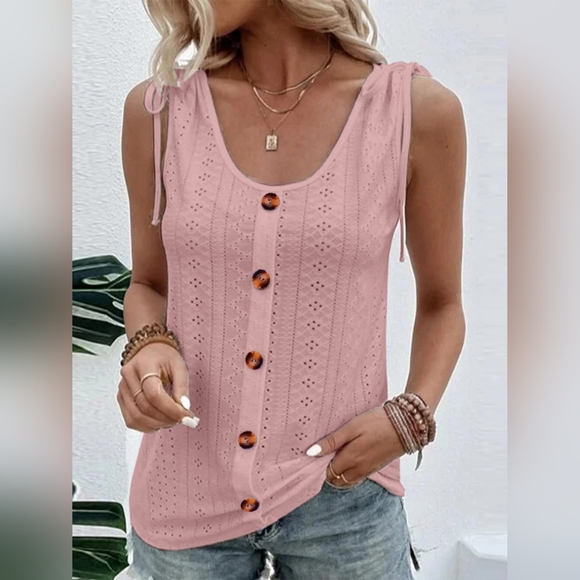 Eyelet Tie Shoulder Scoop Neck Tank - Picture 2 of 5